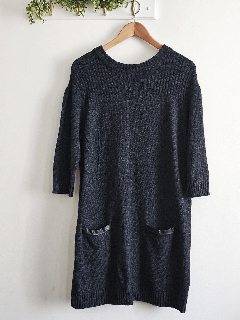 Milly Cashmere Angora Wool Blend Sweater Dress Gray Zip Back Faux Leather Pocket